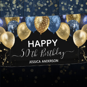 50th Birthday Blue Gold Balloons Banner