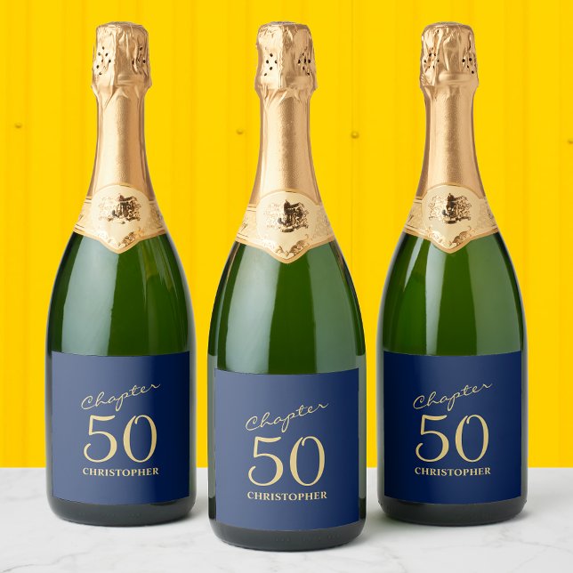 50th Birthday Blue Gold Chapter 50 Sparkling Wine Label (Personalized 50th birthday sparkling wine / champagne labels to add that special touch to the party.)