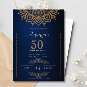 50th Birthday Blue Gold Mandala Elegant Simple Invitation