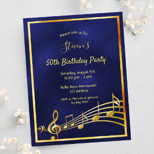 50th birthday blue gold music notes invitation postcard