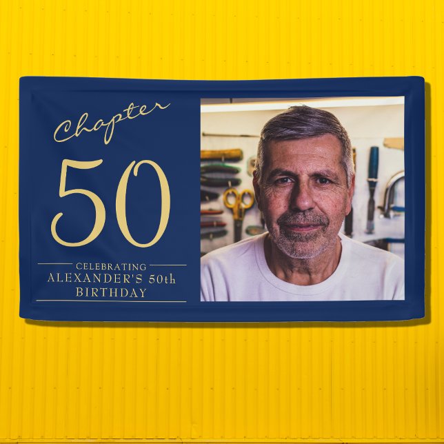 50th Birthday Blue Gold Photo Banner (Celebrate that 50th birthday in style with your own unique party banner.)