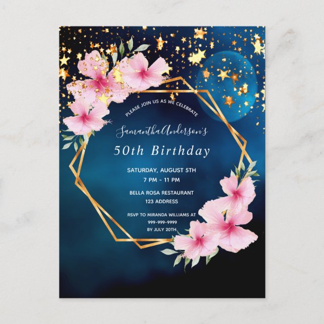 50th birthday blue gold pink florals geometric postcard (Front)