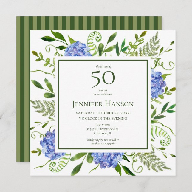 50th Birthday Blue Hydrangeas Invitation (Front/Back)