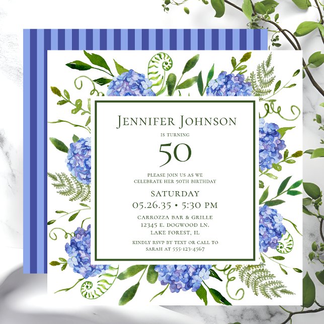 50th Birthday Blue Hydrangeas Invitation (Creator Uploaded)