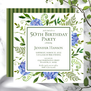 50th Birthday Blue Hydrangeas Invitation