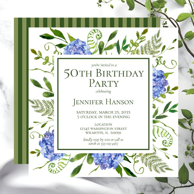 50th Birthday Blue Hydrangeas Invitation (Creator Uploaded)