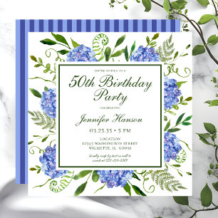 50th Birthday Blue Hydrangeas Script Invitation