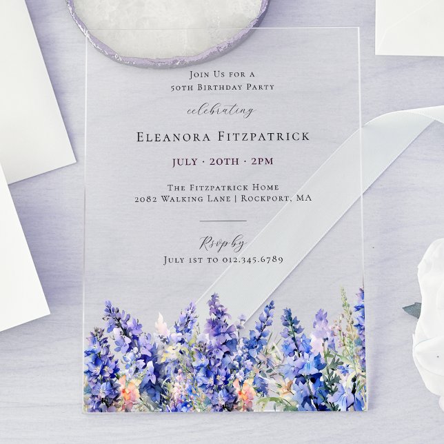50th Birthday Blue Larkspur July Birth Flower Acrylic Invitations (Creator Uploaded)