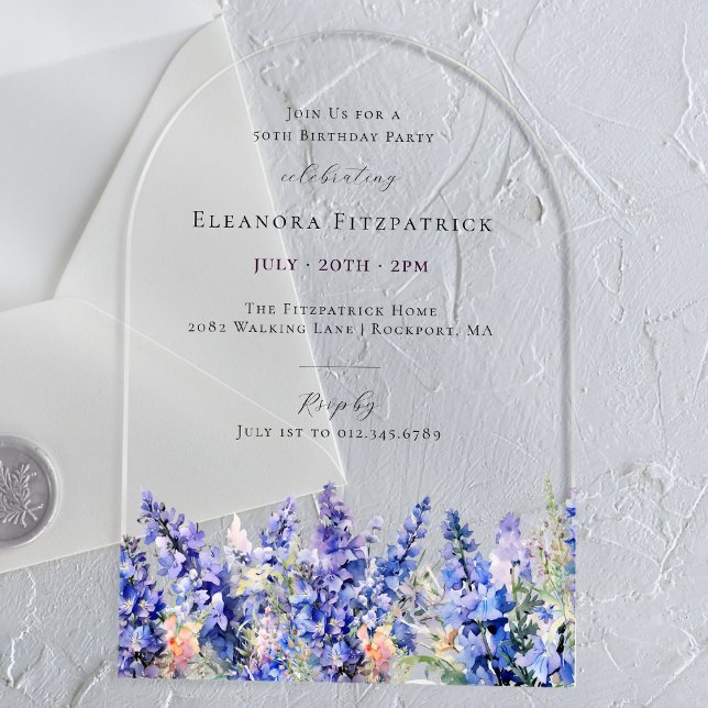 50th Birthday Blue Larkspur July Birth Flower Arch Acrylic Invitations (Creator Uploaded)