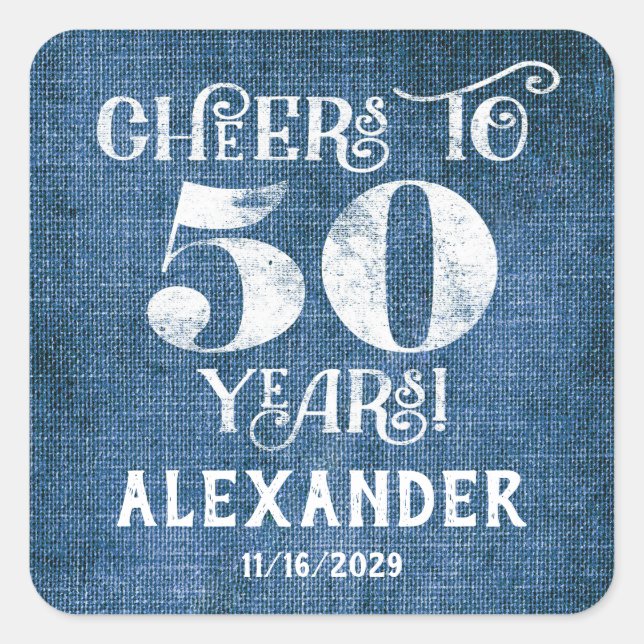 50th Birthday Blue Linen Thank You Favour Stickers (Front)