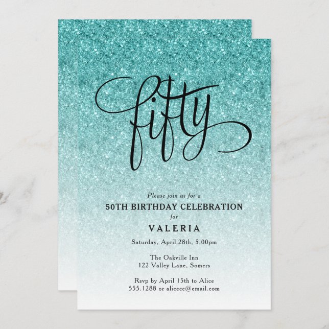 50th Birthday Blue Ombre Glitter Invitation (Front/Back)