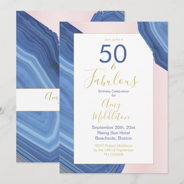 50th Birthday Blue Pink Agate Mineral Rock Modern Invitation (Front/Back)
