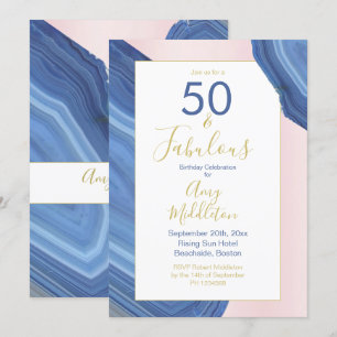 50th Birthday Blue Pink Agate Mineral Rock Modern Invitation