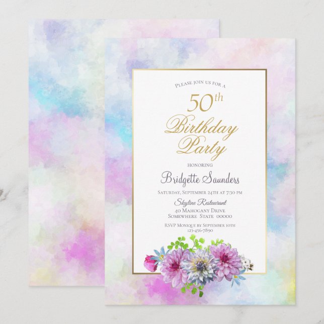 50th Birthday Blue Pink Floral Gold Pastel Border Invitation (Front/Back)