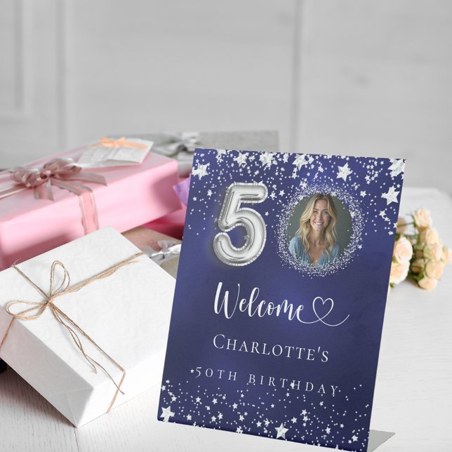 50th Birthday blue silver stars photo welcome Pedestal Sign (Creator Uploaded)