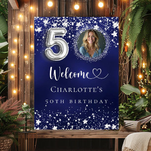 50th Birthday blue silver stars photo welcome Poster