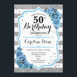 50th Birthday - Blue Silver White Stripes Invitation<br><div class="desc">50th Birthday Invitation.
Elegant design in faux glitter silver,  white and turquoise aqua blue. Features stylish script fort,  stripes and blue roses. Perfect for an elegant birthday party. Can be customized into any age.</div>