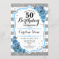 50th Birthday - Blue Silver White Stripes