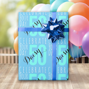 50th Birthday Blue Typography  Wrapping Paper