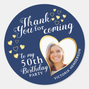 50th Birthday Blue White and Gold Photo Classic Round Sticker