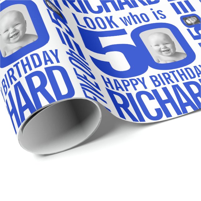 50th birthday blue white look 50 custom photo name wrapping paper (Roll Corner)