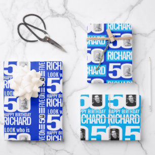 50th birthday blue white look 50 custom photo name wrapping paper sheet