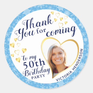  50th Birthday Blue Winter Favour Thank You Classic Round Sticker