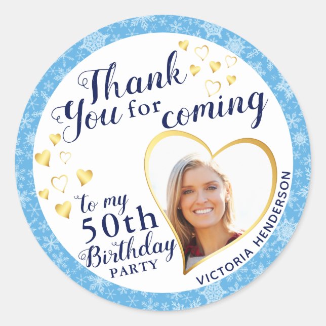  50th Birthday Blue Winter Favour Thank You Classic Round Sticker (Front)