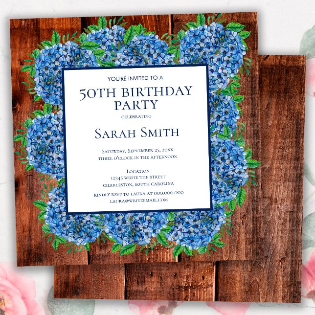 50th Birthday Blue Wood Hydrangeas Rustic Party Invitation (Creator Uploaded)