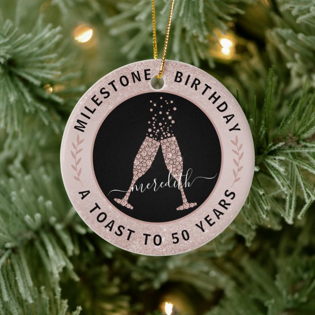  50th Birthday Blush Glitter Champagne Toast Name Ceramic Tree Decoration (Tree)