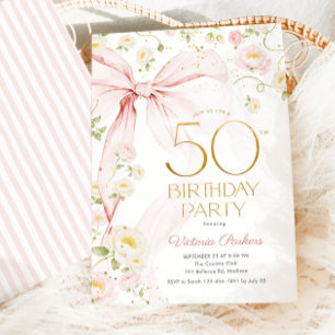 50th Birthday Blush Pink Bow Floral Invitation