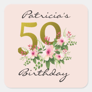 50th Birthday Blush Pink Floral Gold Glitter Square Sticker