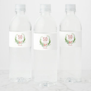 50th birthday blush pink floral  water bottle label