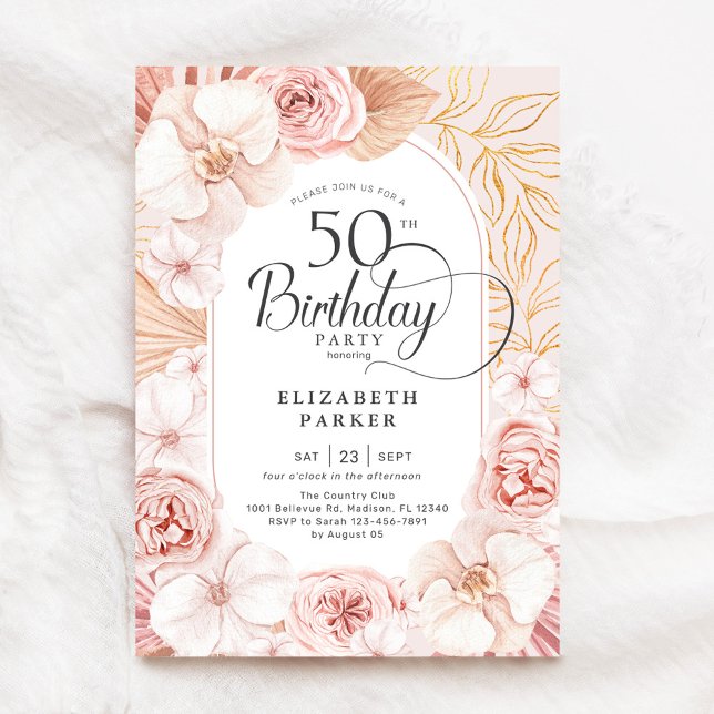 50th Birthday Blush Pink Gold Floral Invitation (Creator Uploaded)