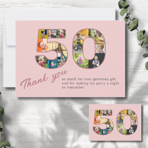 50th Birthday Blush Pink Photo Collage Thank You Card