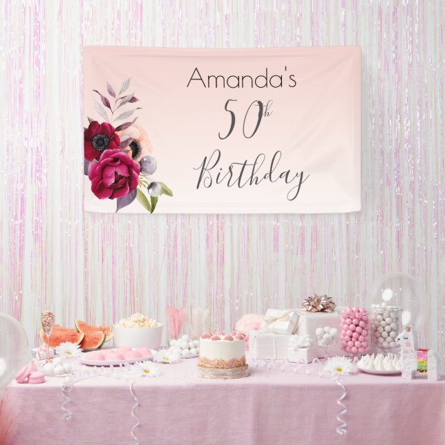 50th birthday blush pink rose gold floral banner (Party)