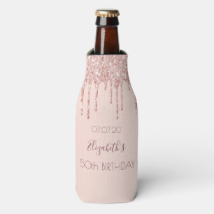 50th birthday blush rose gold glitter drips name bottle cooler