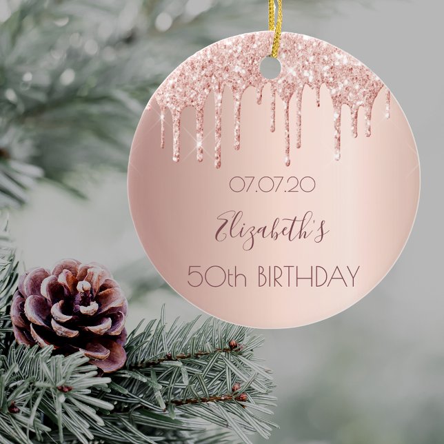 50th birthday blush rose gold glitter drips name ceramic tree decoration (Creator Uploaded)