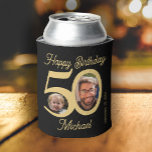 50th birthday bold black gold 2 photos name can cooler<br><div class="desc">Trendy funny bold typography 50th birthday personalised photo and name party supply can cooler. Easy to customise with your text and 2 pictures.</div>