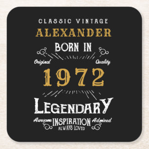 50th Birthday Born 1972 Vintage Black Gold Square  Paper Coaster