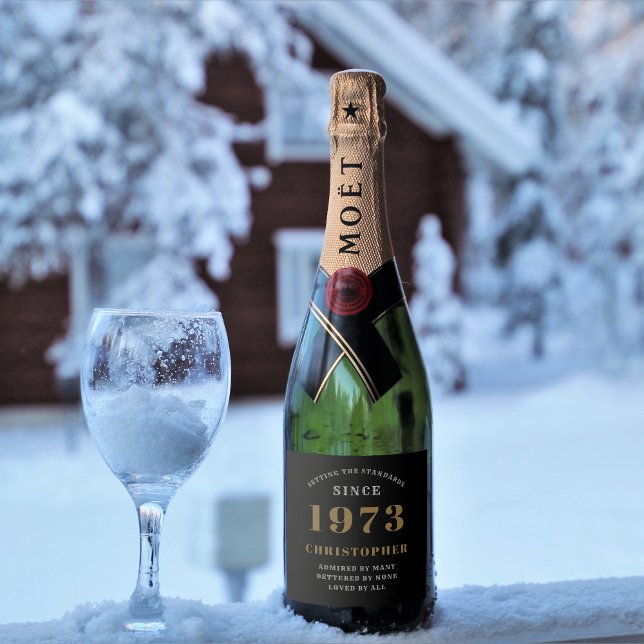 50th Birthday Born 1973 Add Name Black Gold Sparkling Wine Label (Creator Uploaded)
