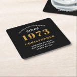 50th Birthday Born 1973 Add Name Black Gold Square Paper Coaster<br><div class="desc">Personalized Birthday add your name and year coaster. Edit the name and year with the template provided. A wonderful custom birthday party accessory. More gifts and party supplies available with the "setting standards" design in the store.</div>
