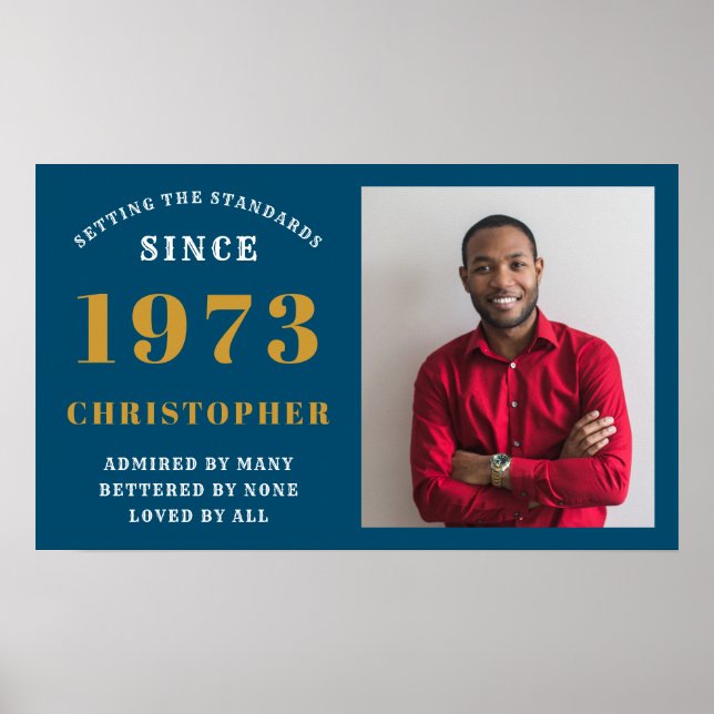 50th Birthday Born 1973 Add Name Blue Gold Photo Poster (Front)