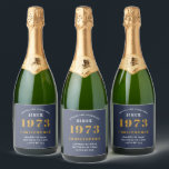 50th Birthday Born 1973 Add Name Blue Gold Sparkling Wine Label<br><div class="desc">Personalized Birthday add your name and year sparkling wine label. Edit the name and year with the template provided. A wonderful custom blue birthday party accessory. More gifts and party supplies available with the "setting standards" design in the store.</div>