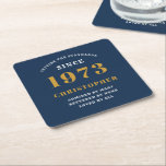 50th Birthday Born 1973 Add Name Blue Gold Square Paper Coaster<br><div class="desc">Personalized Birthday add your name and year coaster. Edit the name and year with the template provided. A wonderful custom birthday party accessory. More gifts and party supplies available with the "setting standards" design in the store.</div>