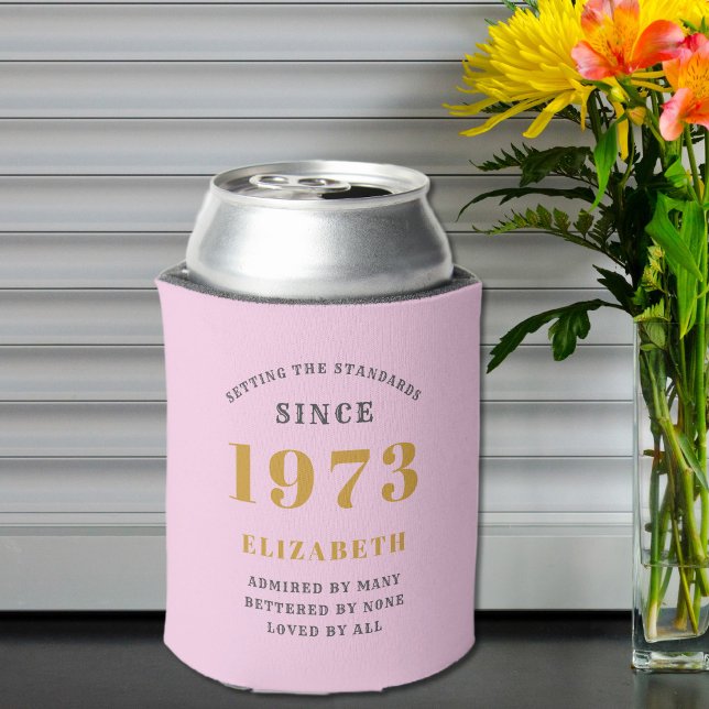 50th Birthday Born 1973 Add Name Pink Grey Can Cooler (Creator Uploaded)