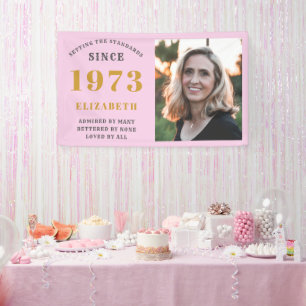 50th Birthday Born 1973 Add Name Pink Grey Photo Banner