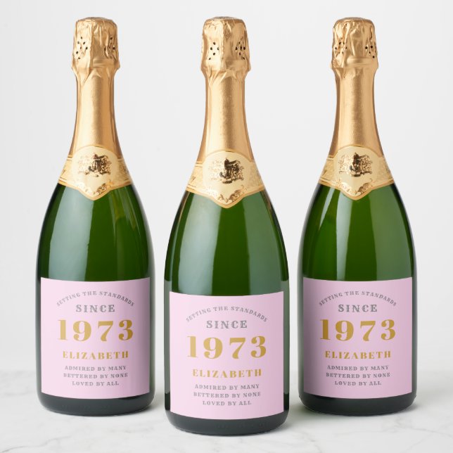 50th Birthday Born 1973 Add Name Pink Grey Sparkling Wine Label (Bottles)