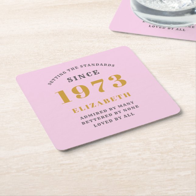 50th Birthday Born 1973 Add Name Pink Grey Square Paper Coaster (Angled)