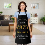 50th Birthday Born 1973 Black Gold Lady's Apron<br><div class="desc">A personalised classic black apron design for that birthday celebration. Add the name to this vintage retro style black, white and gold design for a custom birthday gift. Easily edit the name and year with the template provided. A wonderful custom birthday gift. More gifts and party supplies for that party...</div>